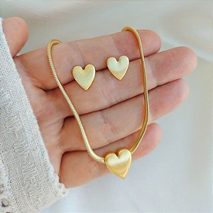 Conjunto Colar e Brincos Coração Escovado - Semijoia