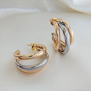 Brinco Argola Tripla Bicolor 30mm - Semijoia