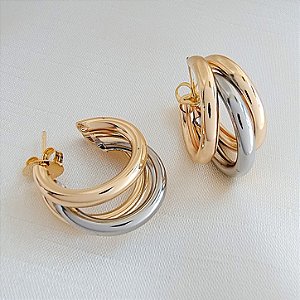 Brinco Argola Tripla Bicolor 23mm - Semijoia