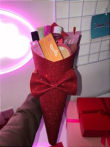 Embalagem Buquê de maquiagem médio vermelho com glitter (somente embalagem)