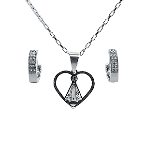 Conjunto Colar Nossa Senhora Aparecida com Brincos de Pedras. Antialérgico. Aço Inox.