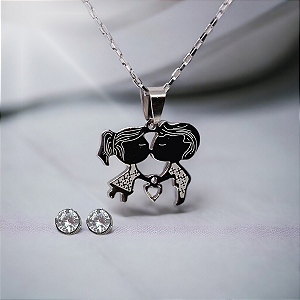 Colar Feminino Com Pingente Namorados Prata e Brincos Brilhantes Aço