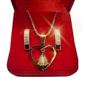 Conjunto Nossa Senhora Aparecida. Colar + Pingente + Par de Brincos