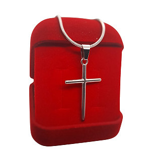 Colar Masculino Crucifixo Prata Aço Inox mais Bolsinha Mais Caixa