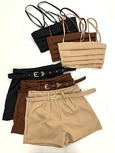 Conjunto em Alfaiataria Cropped de Alça e Shorts com Cinto Anieli Ref. 1743