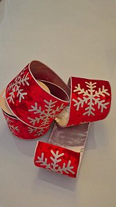 Fita Decorativa Vermelho c/Flocos de neve Champanhe