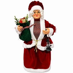 Mamãe Noel em Pé com Roupa Tradicional com Lanterna e Presente na Mão