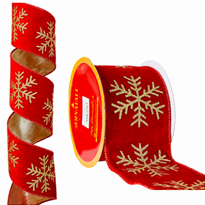 FITA - ARAMADA - 9CM - 9,14M VERMELHA E DOURADA - FLOCO DE NEVE