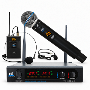 Microfone Sem Fio TSI 1200 CLI UHF 96 Canais Bodypack Headset Lapela Com Maleta