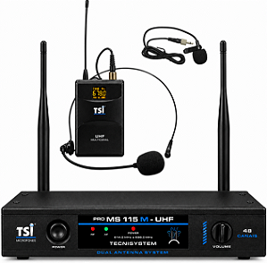 Microfone Sem Fio TSI Pro MS115M CLI UHF 48 Canais com Lapela e Headset para Igreja e Palestras