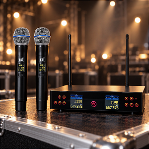 Microfone Sem Fio Duplo TSI BR-8500 UHF 300 Canais True Diversity com Maleta para Igrejas Eventos Palestras e Palcos