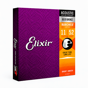 Encordoamento Elixir Para Violão Aço 011 052 Nanoweb 80 20 Bronze Custom Light 6 Cordas