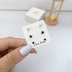 Brinco Trio 3, 4mm Ônix e Bolinha 5mm