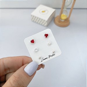 Brinco Trio 3mm bolinha, 4mm coração cristal e coração vermelho 5mm