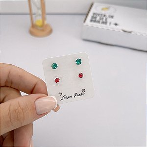 Brinco Trio 3mm lilás, 4mm vermelho e 5mm turmalina