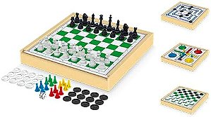 Jogo 4 em 1 Xadrez, Ludo, Damas e Trilha Jogo de Tabuleiro