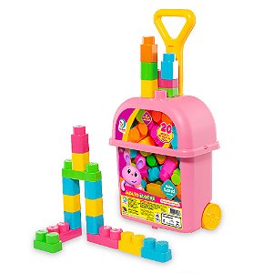 BABY LAND CARRINHO DE PUXAR COM 20 BLOCOS ROSA