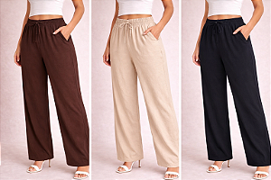 Calça Pantalona Feminina em Linho com Cós Elástico e Bolsos Laterais