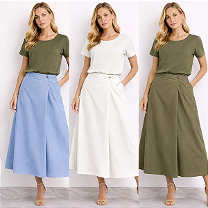 Saia Midi Yeji Feminina em Linho com Forro Confortável