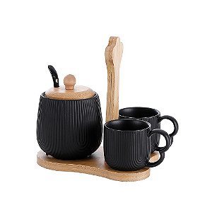 Jogo Xícaras Café Chá Açucareiro Suporte Bambu Preto
