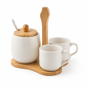 Jogo Xícaras Café Açucareiro Suporte Bambu Cerâmica 4 Peças