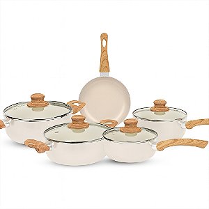 Jogo De Panelas 5 Peças Bege Antiaderente Teflon Cerâmica