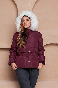 Jaqueta Feminina Puffer com Cinto e Capuz Peluciado Forrada