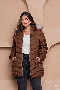 Jaqueta Alongada Feminina Puffer com Capuz Peluciado