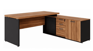 Mesa Dinâmica com Armário Lateral, Porta de Correr e Caixa de Tomadas 40mm |  1500/1800mm x 1600/450mm| Pé Painel- Nogal