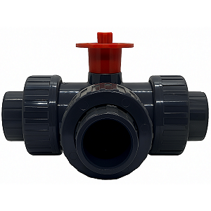 Válvula de Esfera Tipo T 3 Vias Adaptador Atuador PVC-U Teflon-EPDM PN10 D.UNIÃO F/F D.50-1 1/2" SCH80 Solda - Aqua Plastic