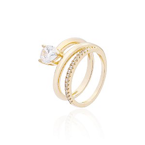 Anel Três Fileiras com Solitário Oval 6mm – Dourado