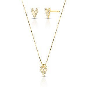 Conjunto Coração com Zircônias – Brinco e Colar em Banho Dourado (45 cm)