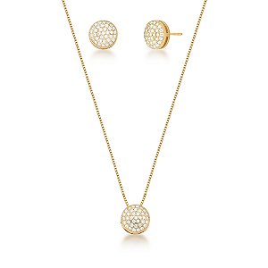 Conjunto Redondo Abaulado com Zircônias – Brinco e Colar em Banho Dourado (10 mm)