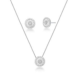 Conjunto Prata com Brinco e Colar – Pedra Baguete e Ponto de Luz Redondo Vazado