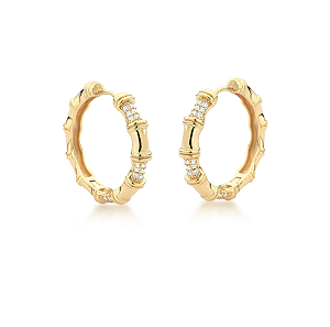 Brinco Argola Bambu com Zircônias Intercaladas em Banho Dourado