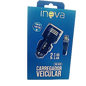 CARREGADOR Veicular Inova 2.4A/3.4A CAR-8676 2 Entrada USB Com Cabo Tipo c Embutido