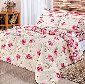 Kit Edredom Dupla Face Estampado Casal Padrao 03 Pecas Tecido Misto Percal 180 Fios Requinte - Floral Rose