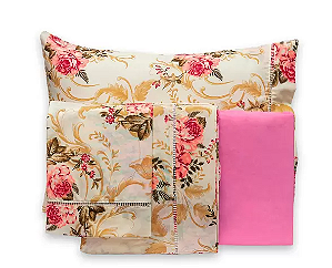 Jogo De Cama Ponto Palito Estampado Casal Padrao 4 Pecas Tecido Misto Percal 180 Fios Requinte - Floral Rose