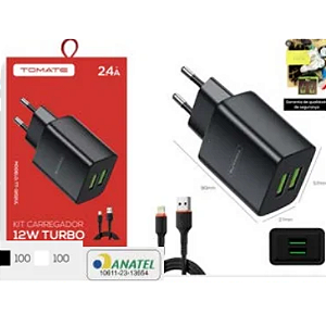 CARREGADOR PARA V8 TURBO COM 2 PORTAS USB 12W 2.4A TOMATE