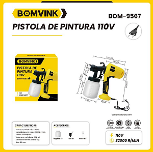 Pistola de Pintura 110V/ 60Hz, Vazão 500ml/min. BOM-9567