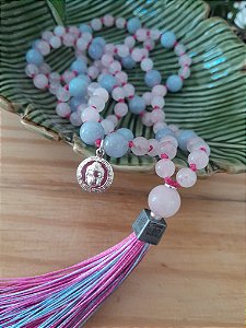 Japamala Artesanal 108 Contas | Água-Marinha para Comunicação, Quartzo Rosa para Amor e Jade Branca para Pureza | Meditação e Bem-Estar