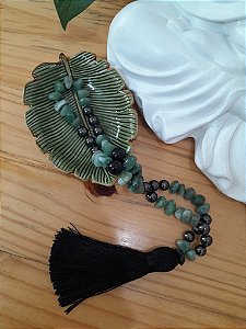 Japamala 54 Contas Artesanal | Quartzo Verde, Hematita, Ágata Preta e Obsidiana Negra | Decorativo para Mesa | Meditação e Bem-Estar