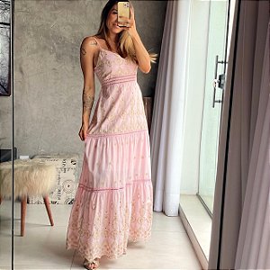 Vestido Longo Laise Bordado Rosa