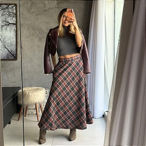 Saia Midi Evasê Xadrez Vinho