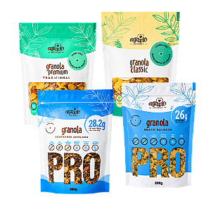 Combo Promocional 4 Pacotes - Granola Snack Salgada + Granola Levemente Adoçada + Premium Tradicional + Classic
