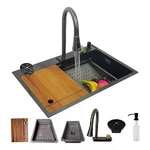 Cuba Cozinha Cascata Gourmet Preta C/torneira E Lava Copo