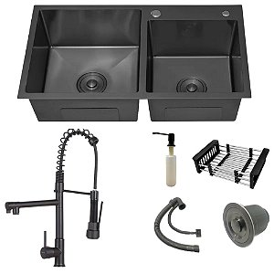 Cuba Cozinha Dupla Aço Inox Preta 78x43 Quadrada C/torneira