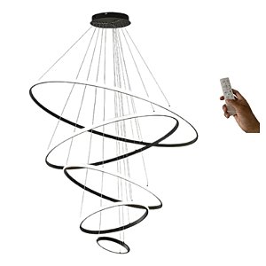 Lustre Pendente Led 5 Anéis Moderno 250w 120cm Preto C/ Controle