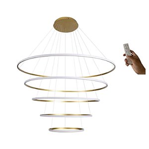 Lustre Pendente Led 5 Anéis Moderno 189w 100cm Dourado C/ Controle