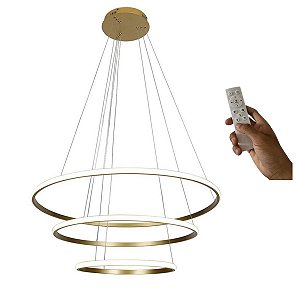 Lustre Sala Led 3 Anéis Moderno 113w 80cm Dourado C/ Controle